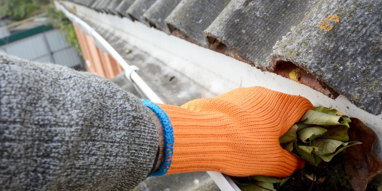 Cleaning leaves out of gutter with gloves on