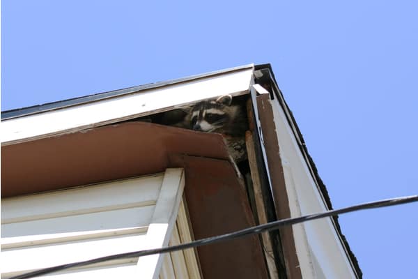 Raccoon sneaking into an opening on the roof 