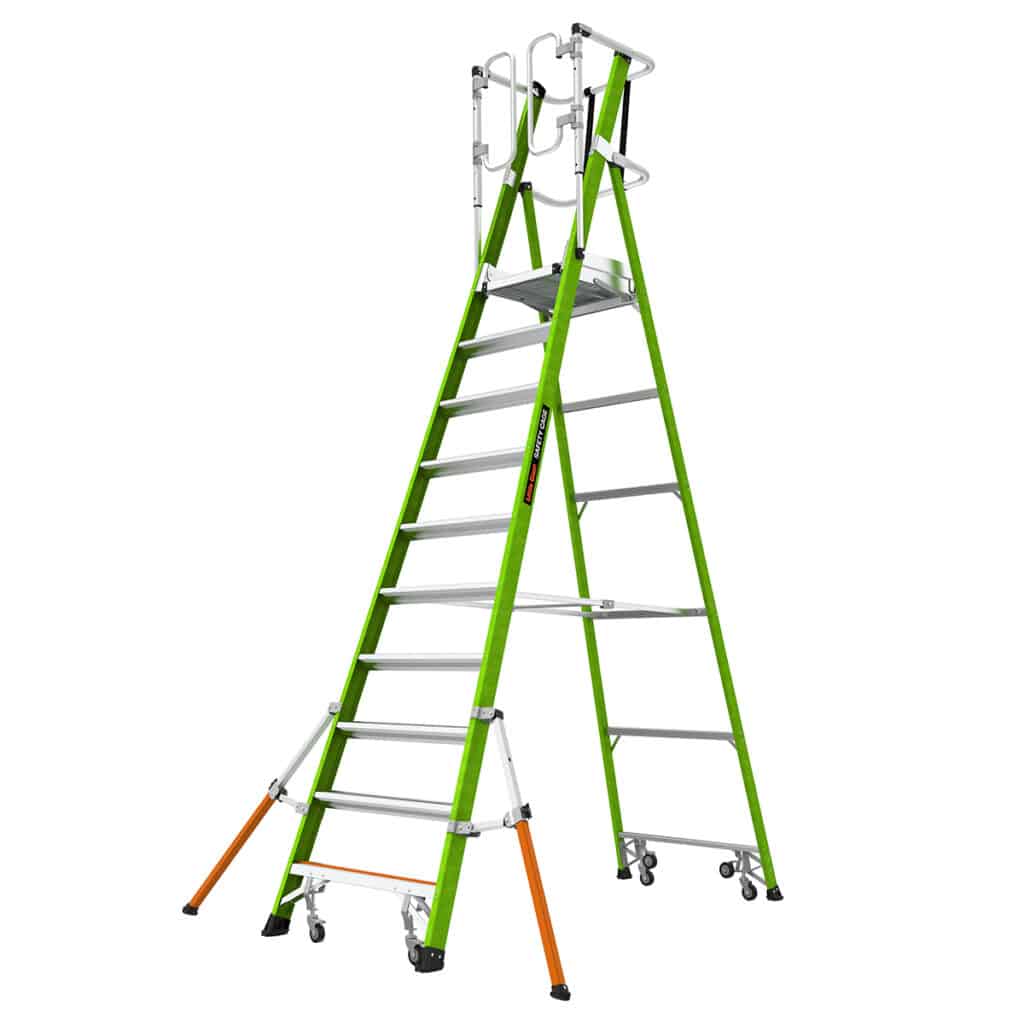 An ladder being showed with all the safety features on it 