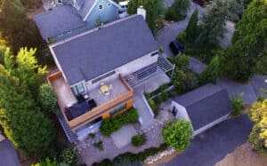 Overhead view of house with new roof installed by Minneapolis roofing company