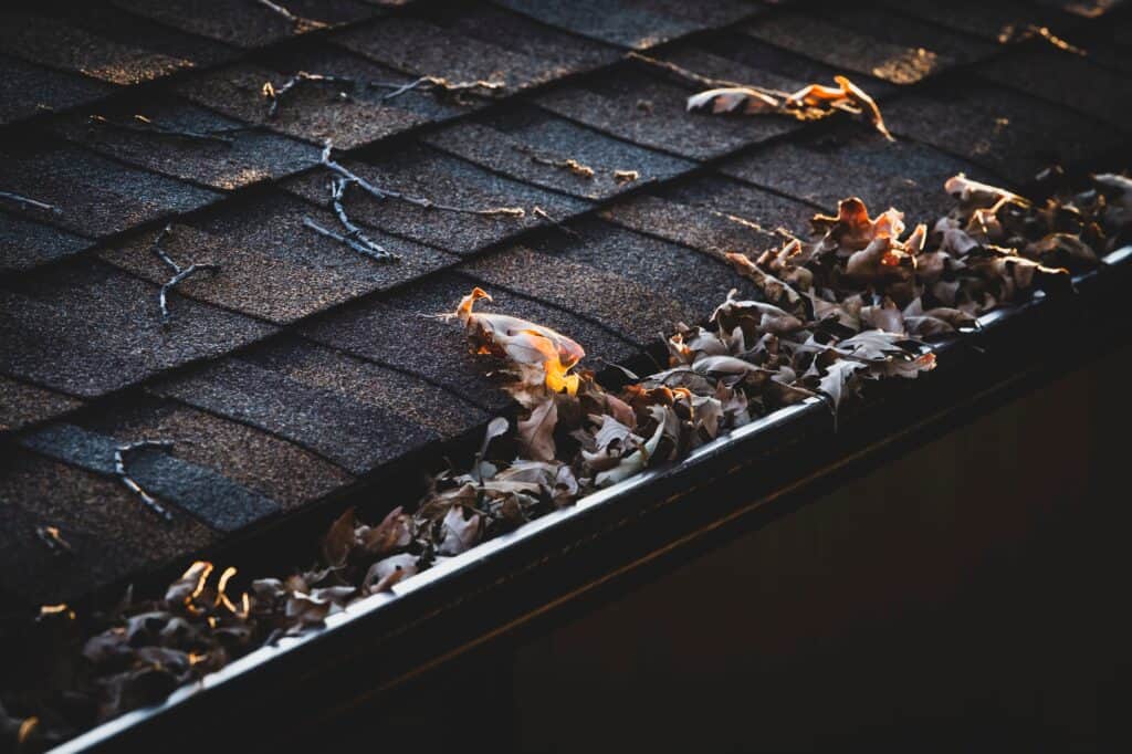 A dark shingled roof with gutters full of leaves.