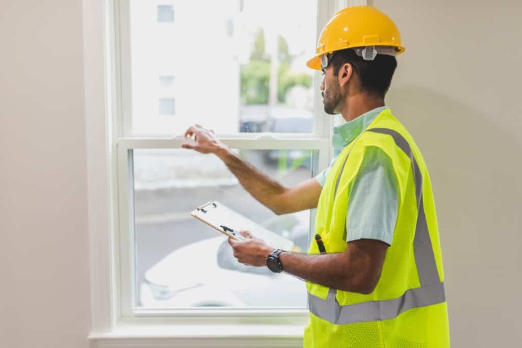 A professional window contractor performing a window inspection.