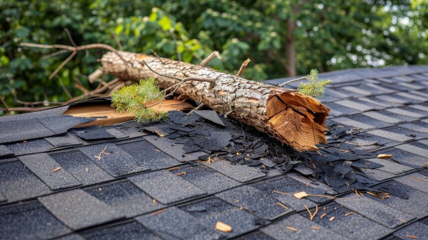 Fallen tree branch on damaged roof shingles, broken wood and debris on residential rooftop, storm damage with surrounding green trees in background.